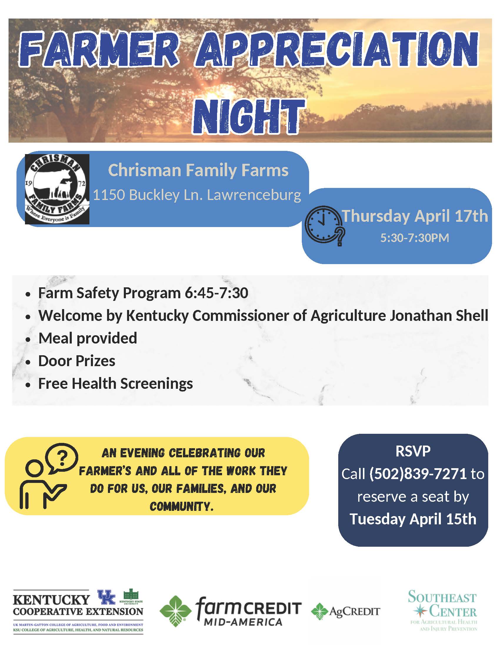 Flyer about Farmer Appreciation Night with info and times